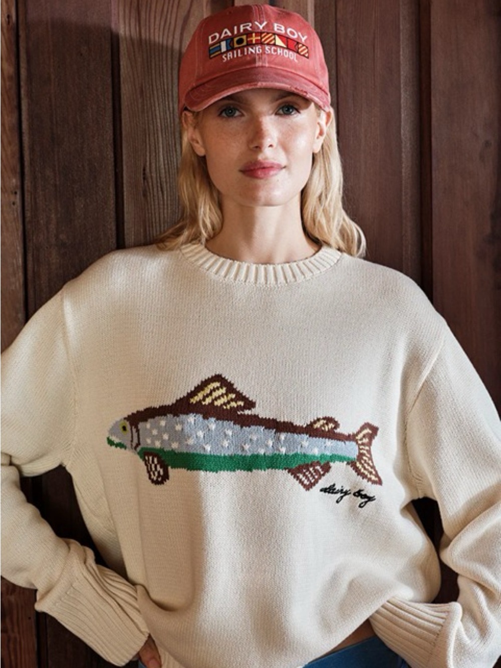 Cream Crewneck Sweater with Fish Intarsia